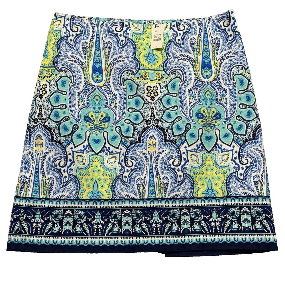 Talbots Mykonos Skirt Women 2 Paisley Blue Yellow Cotton Blend A-Line Stretch